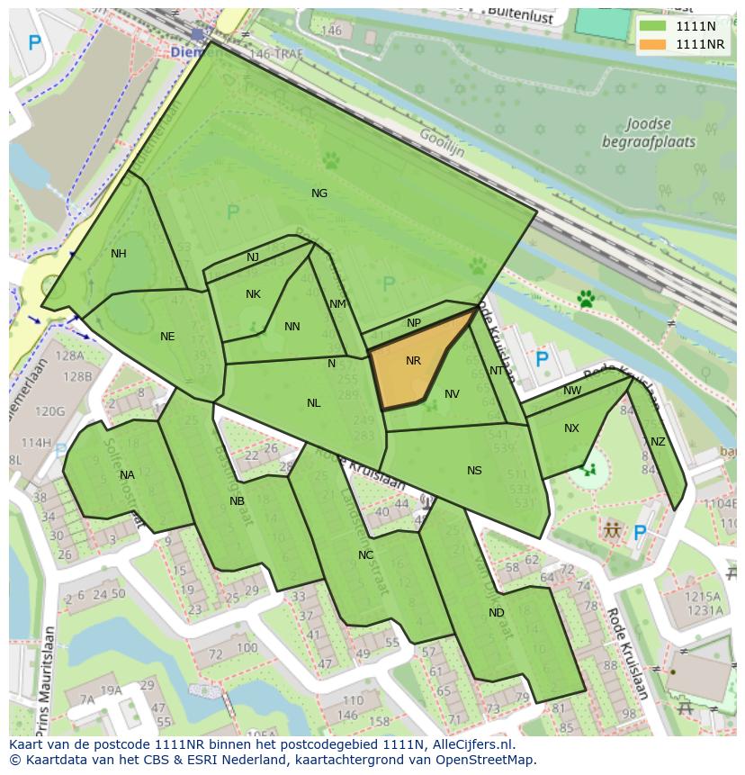 Afbeelding van het postcodegebied 1111 NR op de kaart.