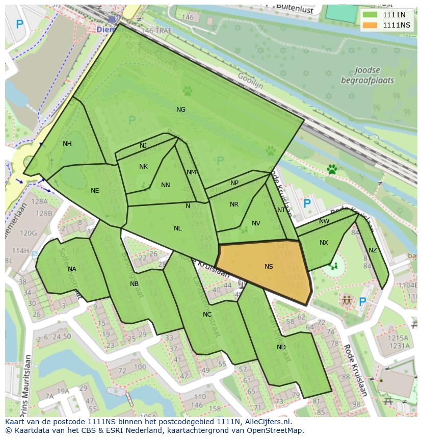 Afbeelding van het postcodegebied 1111 NS op de kaart.