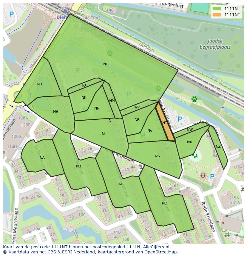 Afbeelding van het postcodegebied 1111 NT op de kaart.