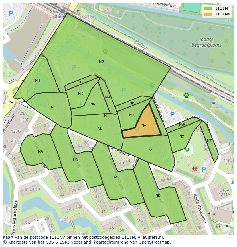 Afbeelding van het postcodegebied 1111 NV op de kaart.