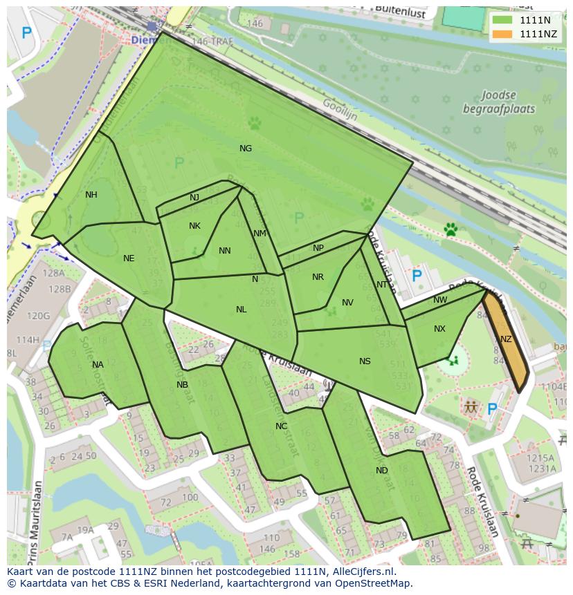 Afbeelding van het postcodegebied 1111 NZ op de kaart.