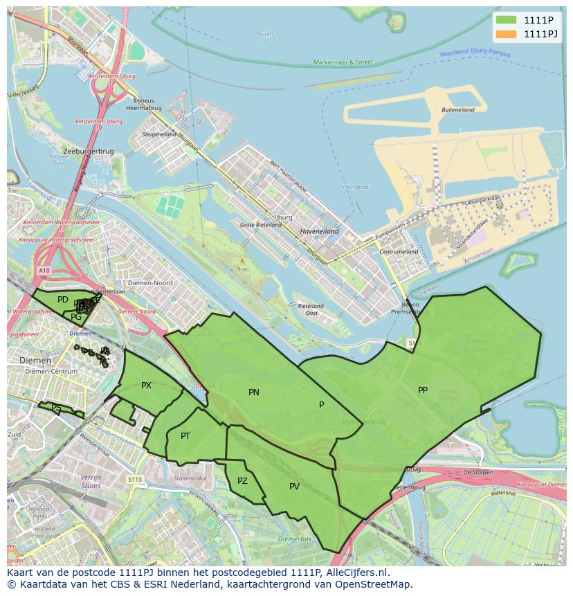 Afbeelding van het postcodegebied 1111 PJ op de kaart.