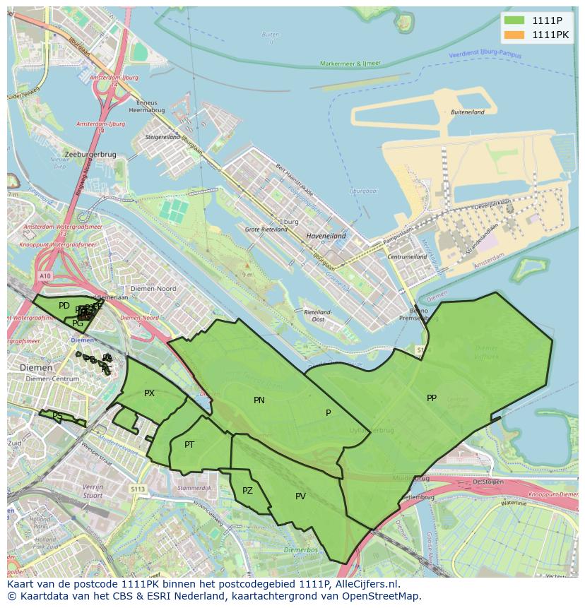 Afbeelding van het postcodegebied 1111 PK op de kaart.
