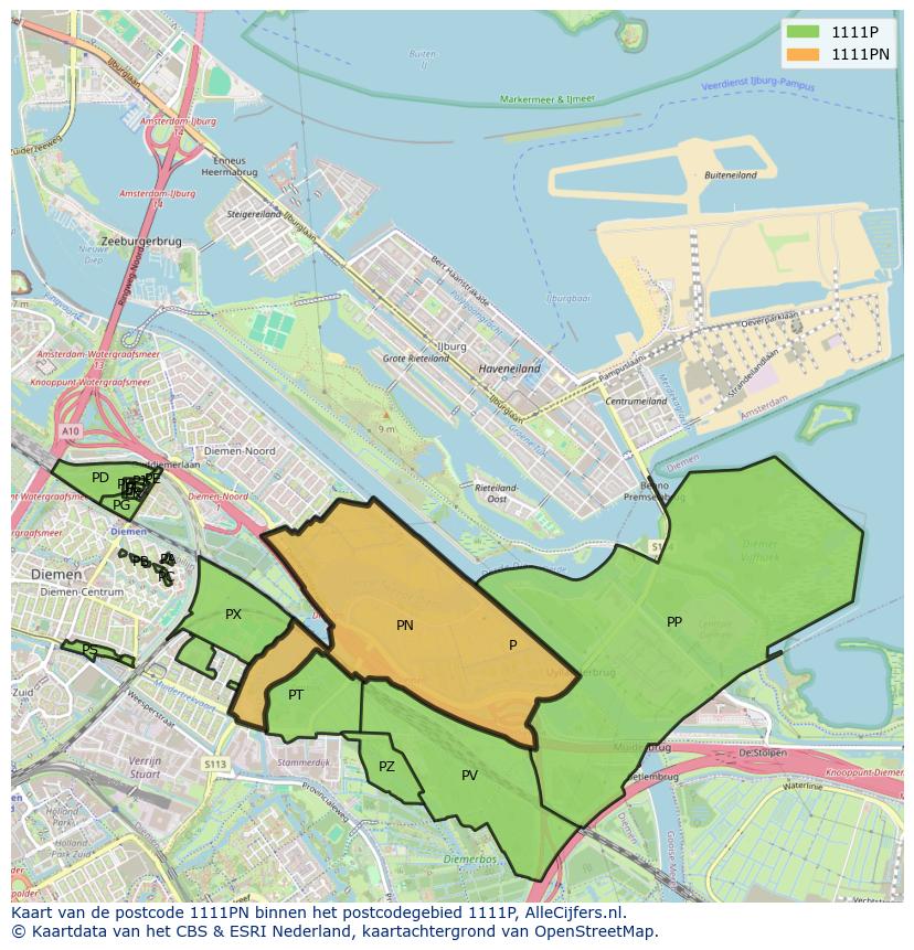 Afbeelding van het postcodegebied 1111 PN op de kaart.