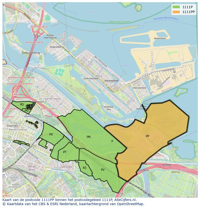 Afbeelding van het postcodegebied 1111 PP op de kaart.