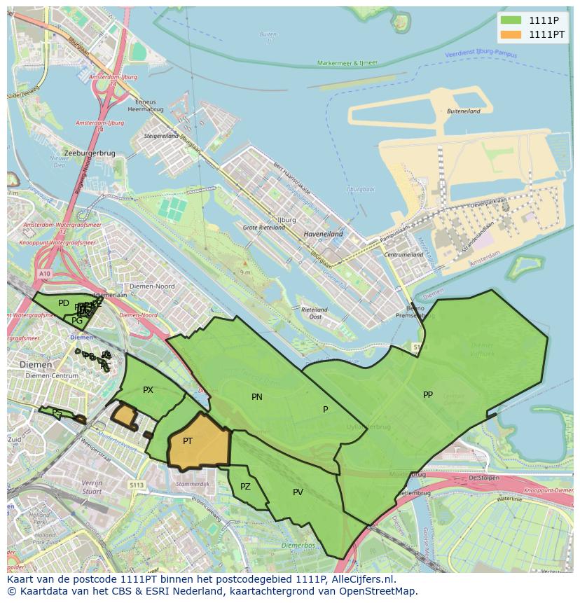 Afbeelding van het postcodegebied 1111 PT op de kaart.