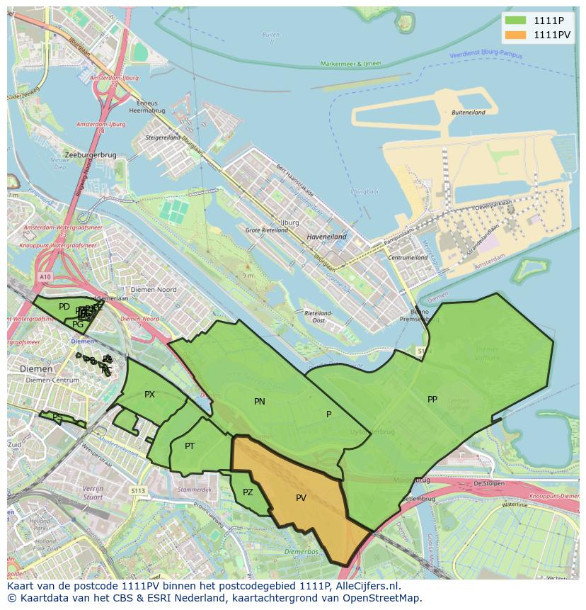 Afbeelding van het postcodegebied 1111 PV op de kaart.
