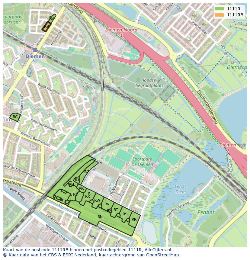 Afbeelding van het postcodegebied 1111 RB op de kaart.