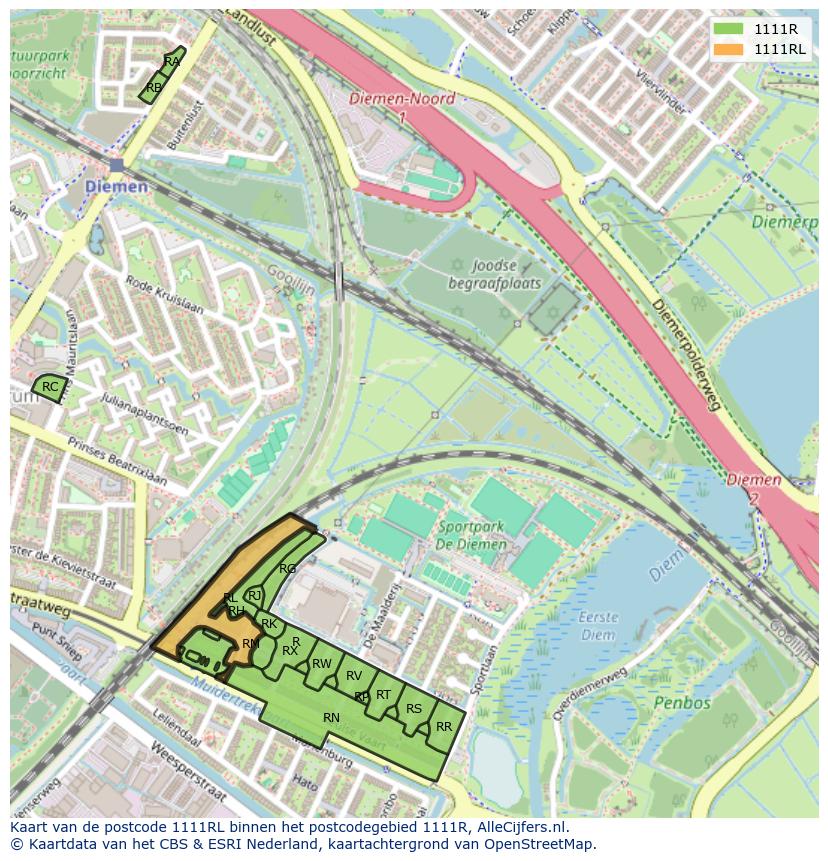 Afbeelding van het postcodegebied 1111 RL op de kaart.