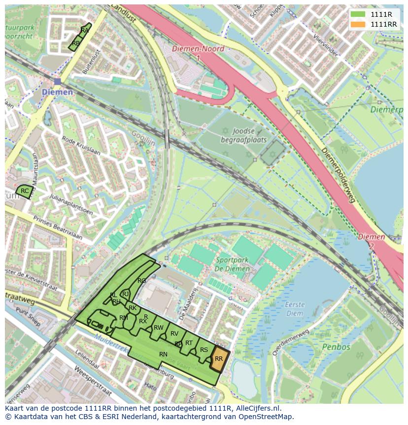 Afbeelding van het postcodegebied 1111 RR op de kaart.
