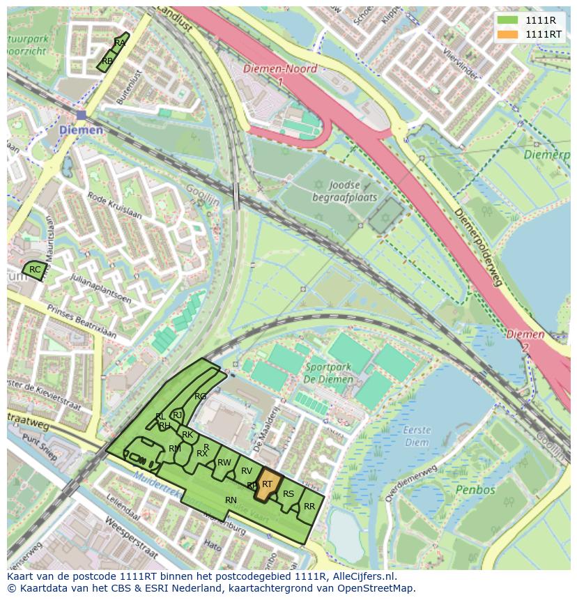 Afbeelding van het postcodegebied 1111 RT op de kaart.