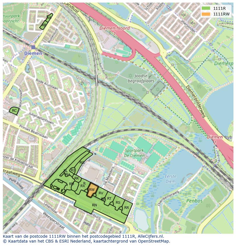 Afbeelding van het postcodegebied 1111 RW op de kaart.