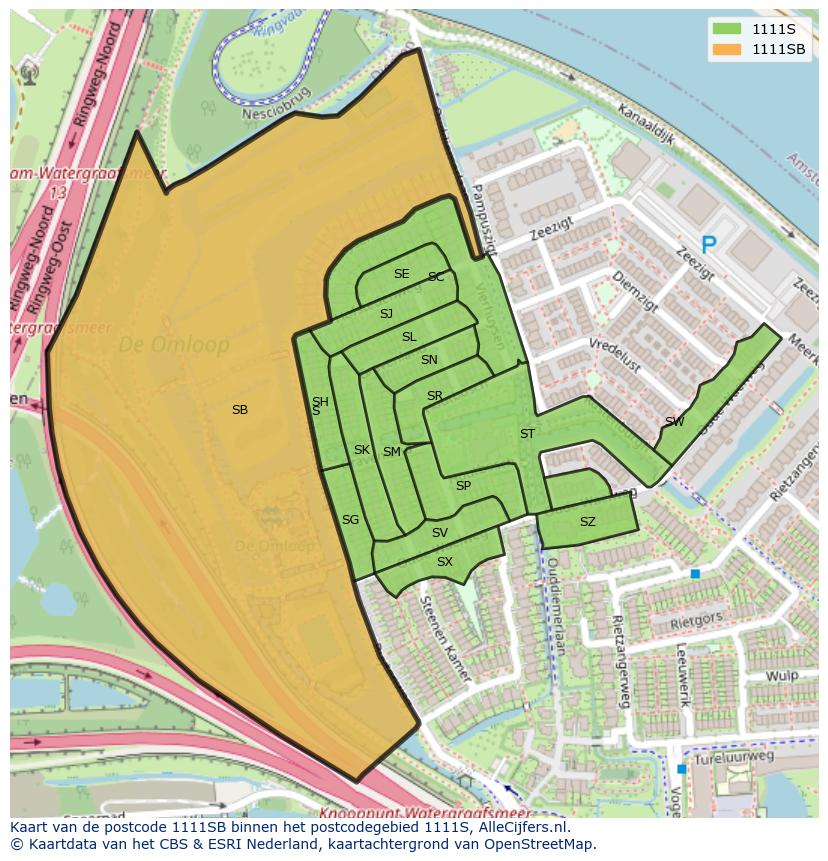 Afbeelding van het postcodegebied 1111 SB op de kaart.