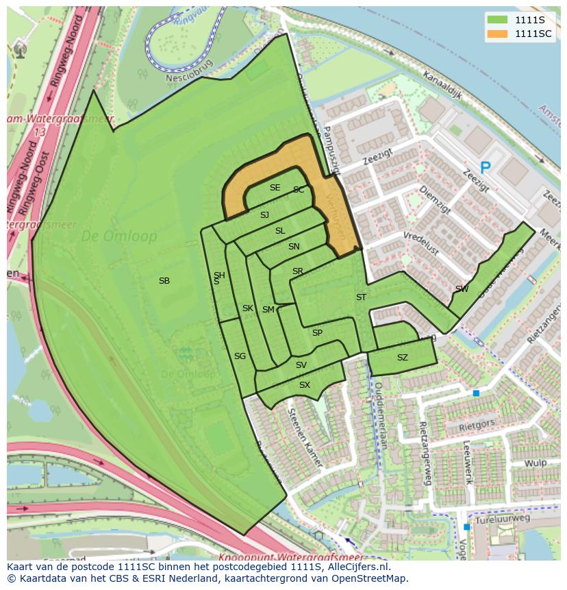 Afbeelding van het postcodegebied 1111 SC op de kaart.