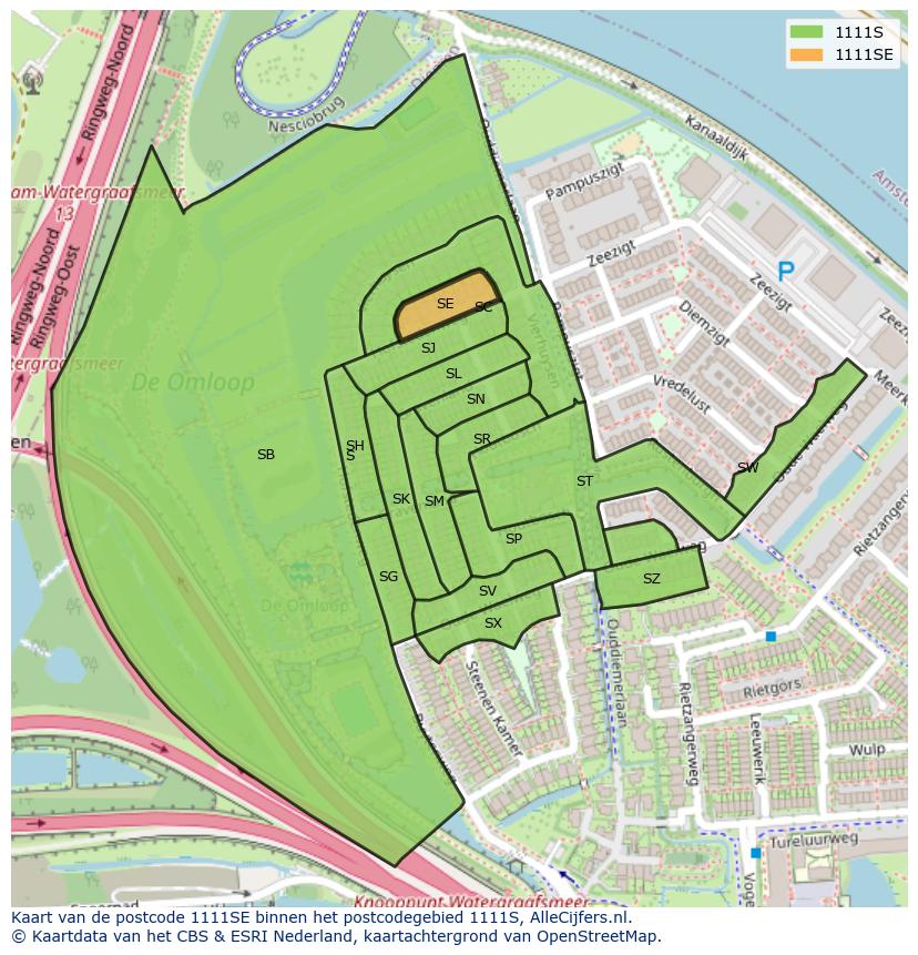 Afbeelding van het postcodegebied 1111 SE op de kaart.