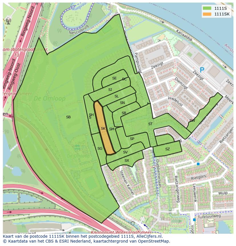 Afbeelding van het postcodegebied 1111 SK op de kaart.