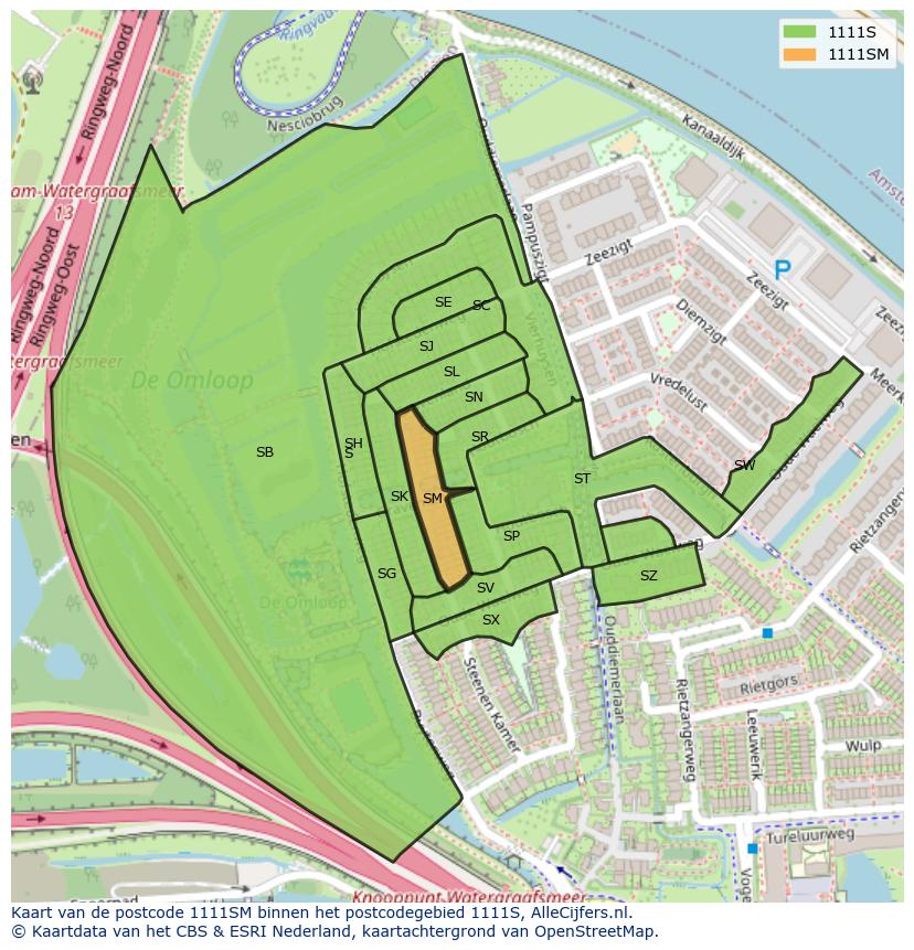 Afbeelding van het postcodegebied 1111 SM op de kaart.