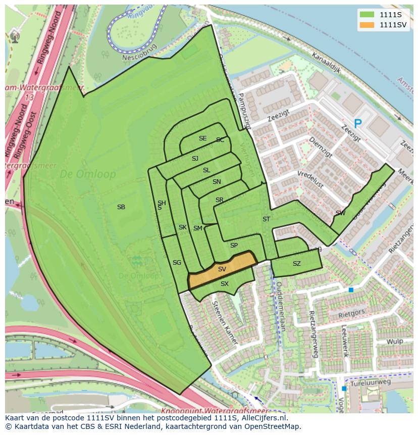 Afbeelding van het postcodegebied 1111 SV op de kaart.