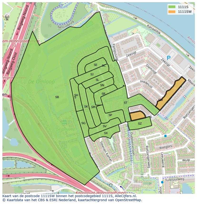 Afbeelding van het postcodegebied 1111 SW op de kaart.