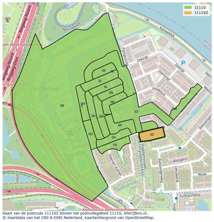 Afbeelding van het postcodegebied 1111 SZ op de kaart.