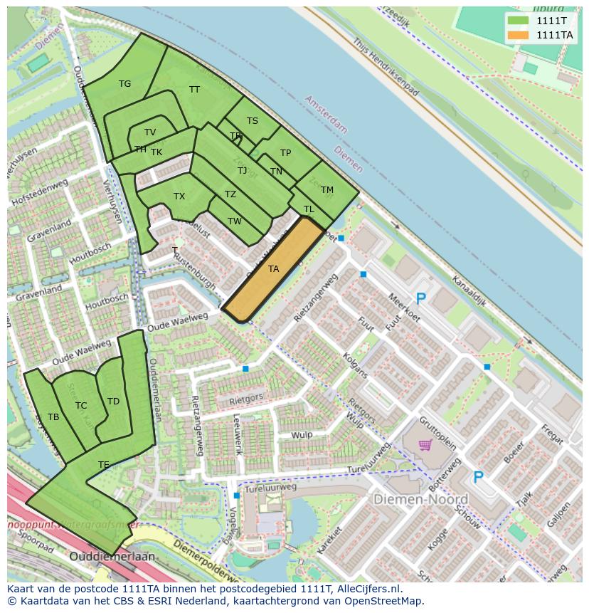 Afbeelding van het postcodegebied 1111 TA op de kaart.
