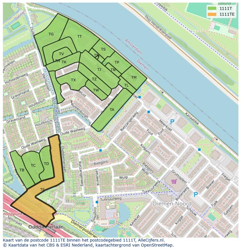 Afbeelding van het postcodegebied 1111 TE op de kaart.