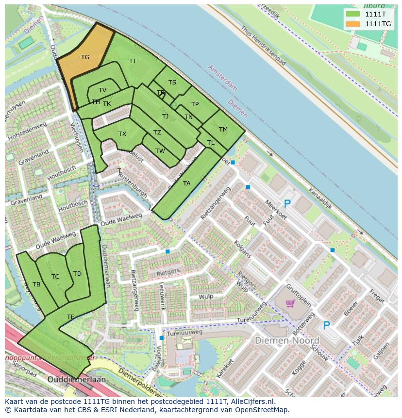 Afbeelding van het postcodegebied 1111 TG op de kaart.