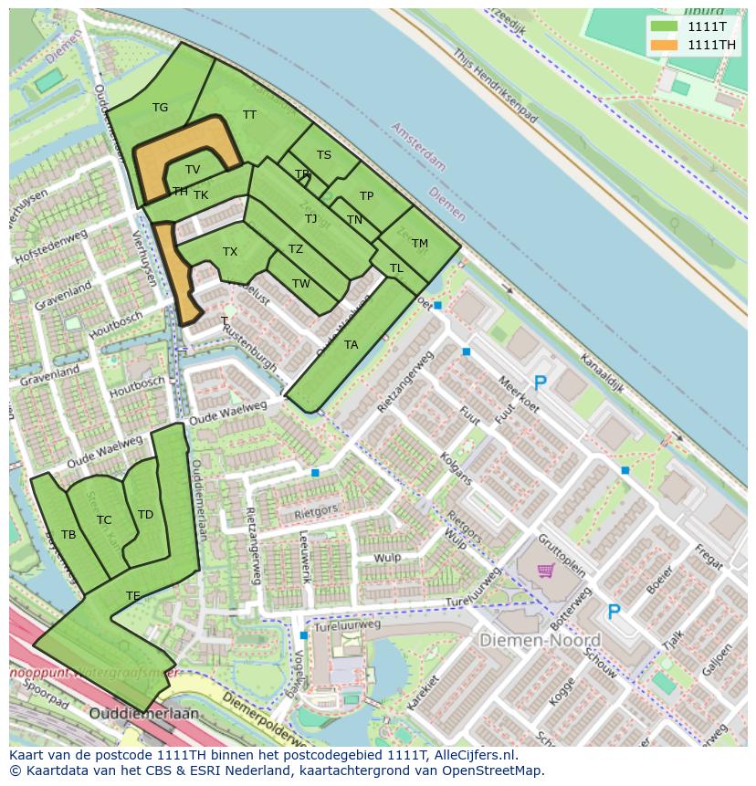 Afbeelding van het postcodegebied 1111 TH op de kaart.