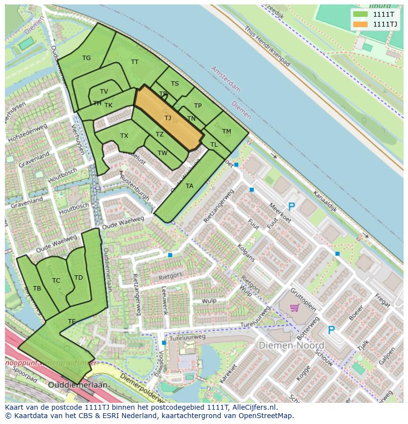 Afbeelding van het postcodegebied 1111 TJ op de kaart.