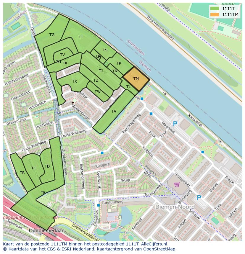 Afbeelding van het postcodegebied 1111 TM op de kaart.