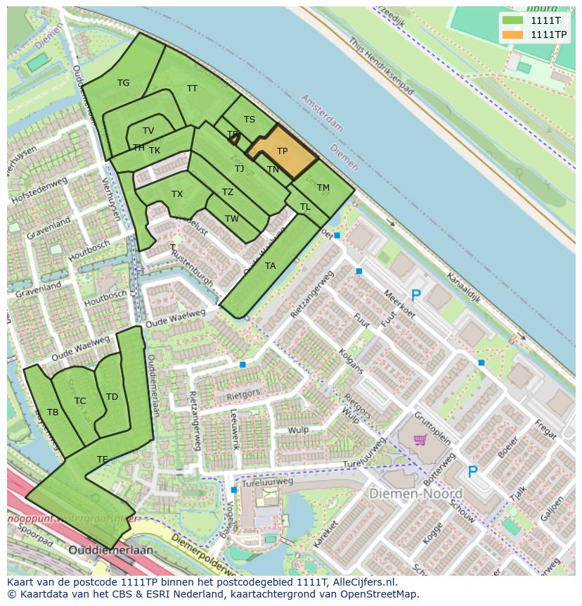 Afbeelding van het postcodegebied 1111 TP op de kaart.