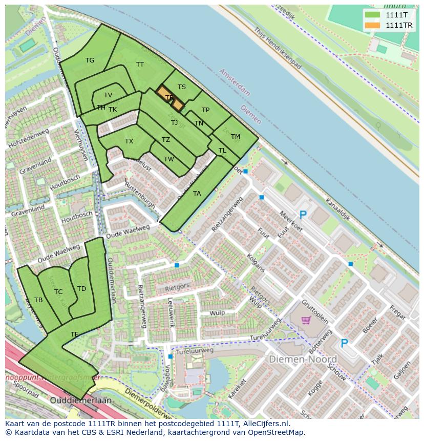 Afbeelding van het postcodegebied 1111 TR op de kaart.