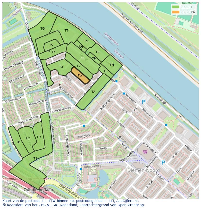 Afbeelding van het postcodegebied 1111 TW op de kaart.