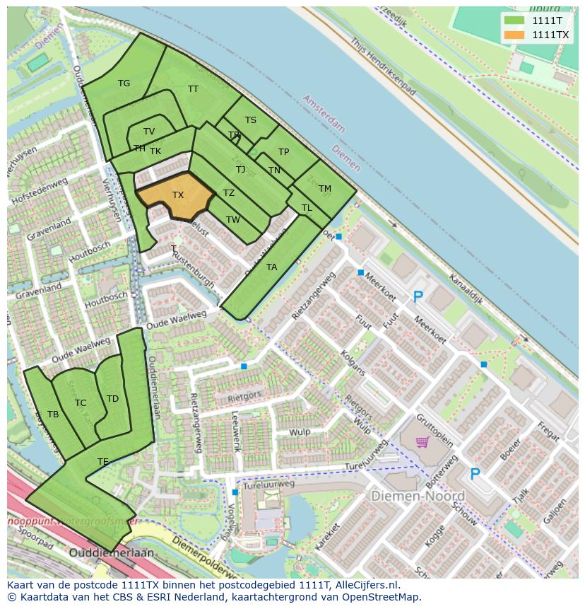 Afbeelding van het postcodegebied 1111 TX op de kaart.