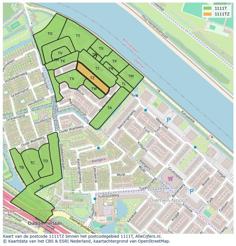 Afbeelding van het postcodegebied 1111 TZ op de kaart.