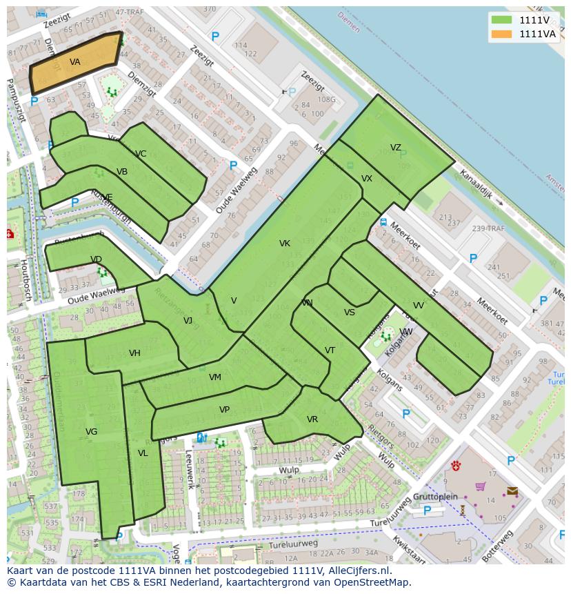 Afbeelding van het postcodegebied 1111 VA op de kaart.