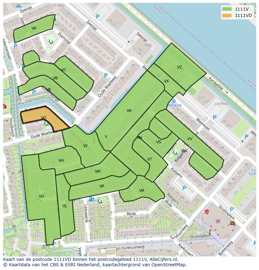 Afbeelding van het postcodegebied 1111 VD op de kaart.