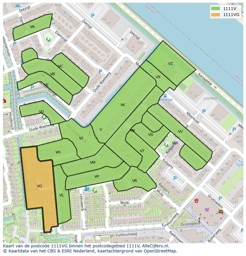 Afbeelding van het postcodegebied 1111 VG op de kaart.