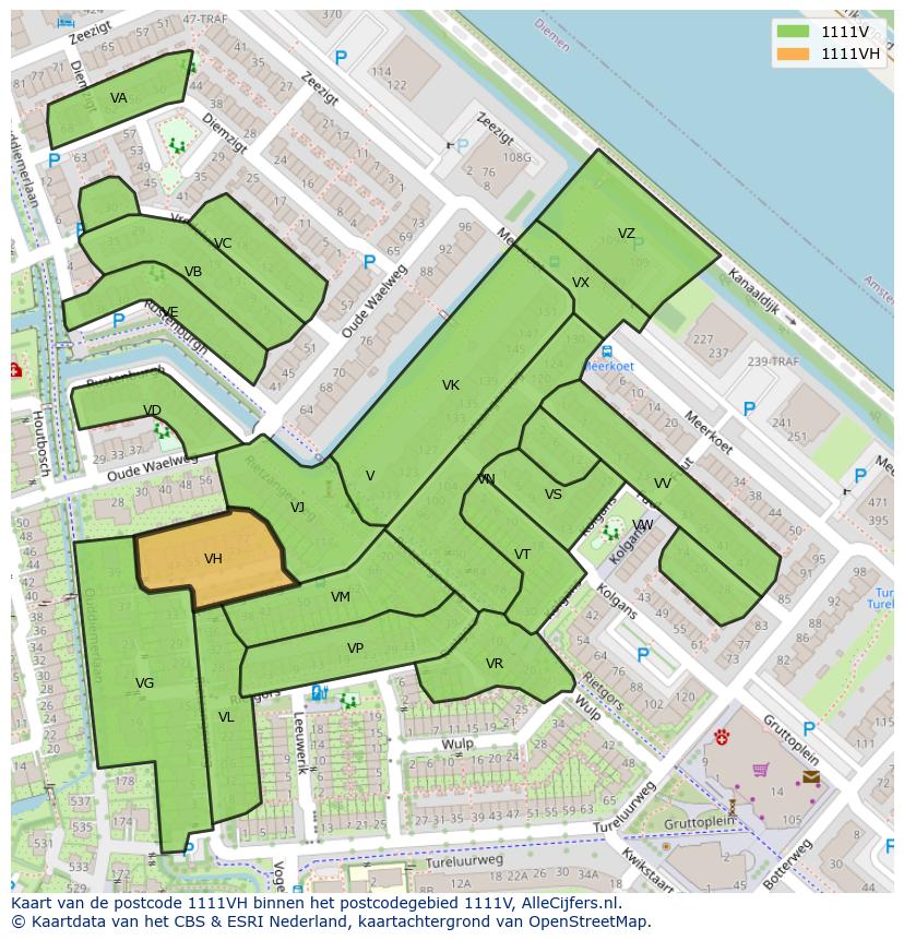 Afbeelding van het postcodegebied 1111 VH op de kaart.