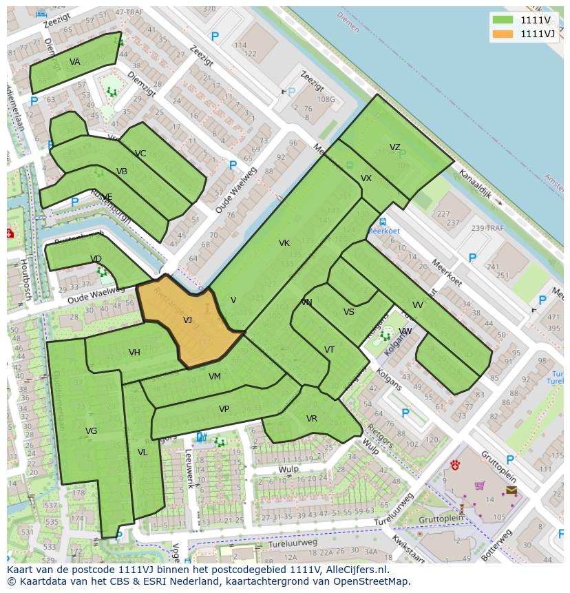 Afbeelding van het postcodegebied 1111 VJ op de kaart.