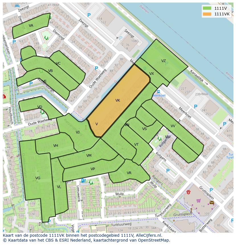 Afbeelding van het postcodegebied 1111 VK op de kaart.