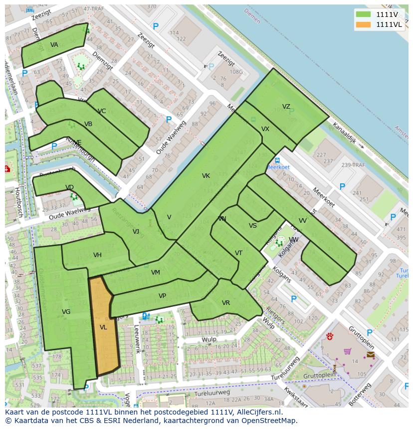 Afbeelding van het postcodegebied 1111 VL op de kaart.