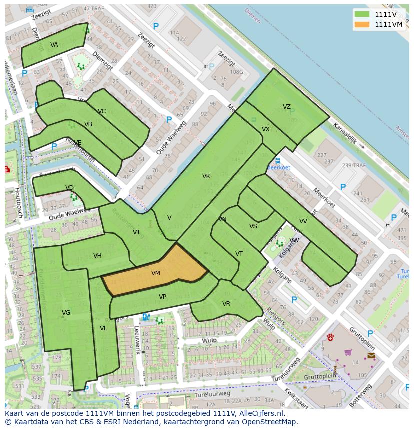 Afbeelding van het postcodegebied 1111 VM op de kaart.