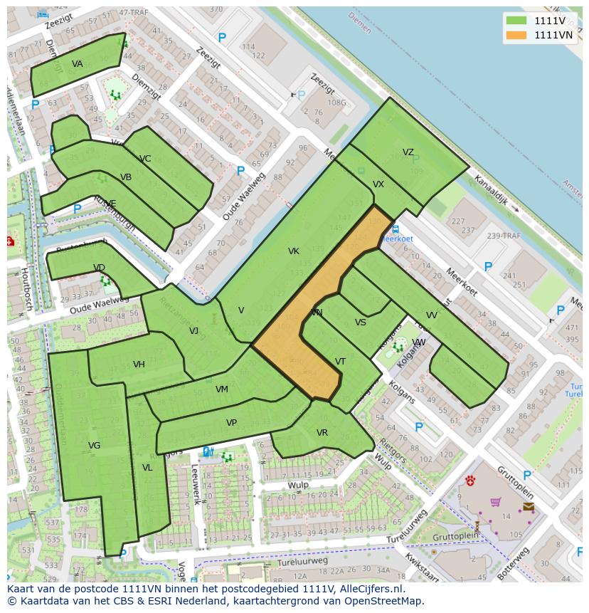 Afbeelding van het postcodegebied 1111 VN op de kaart.