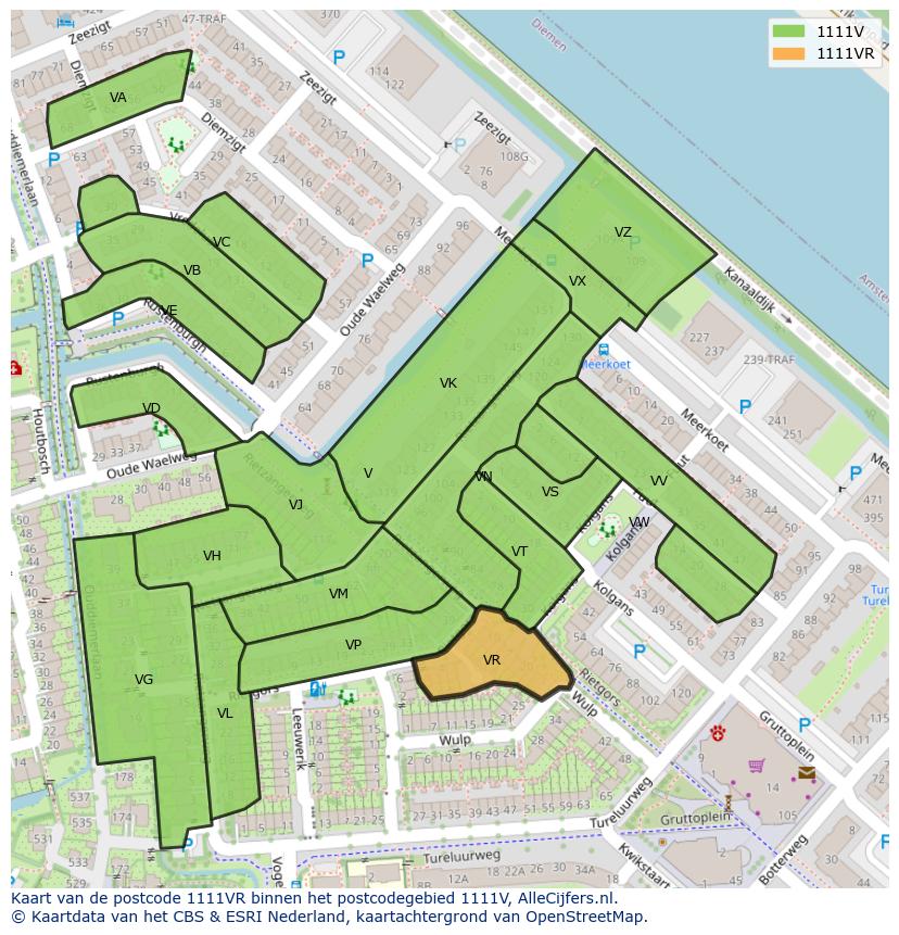 Afbeelding van het postcodegebied 1111 VR op de kaart.
