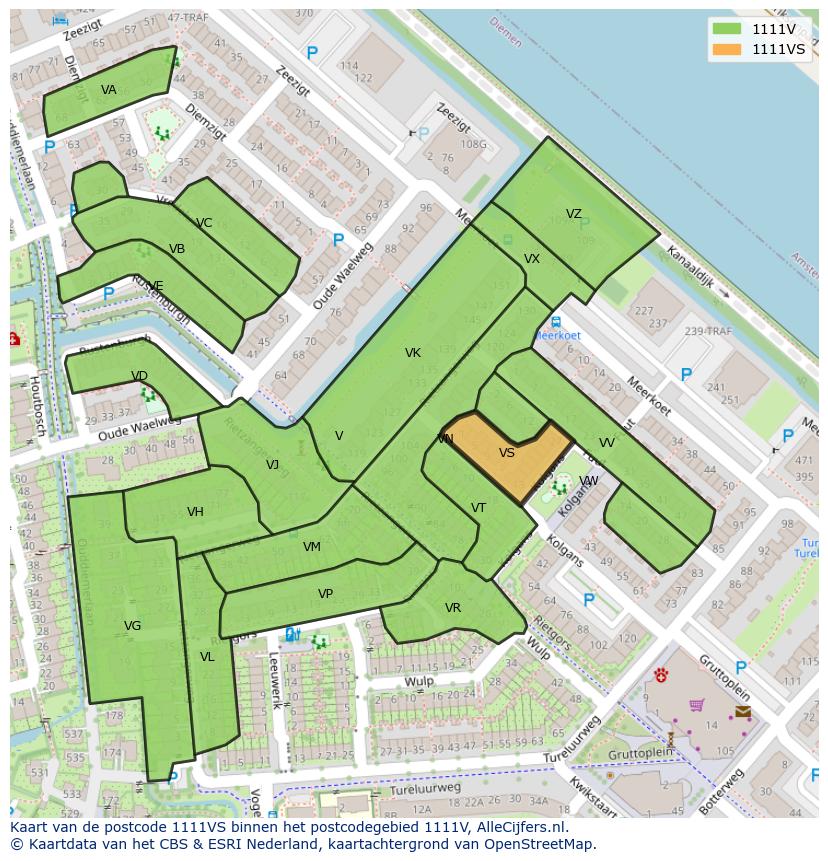 Afbeelding van het postcodegebied 1111 VS op de kaart.