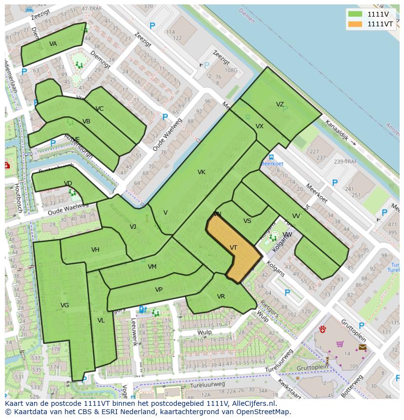 Afbeelding van het postcodegebied 1111 VT op de kaart.