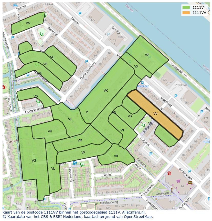 Afbeelding van het postcodegebied 1111 VV op de kaart.