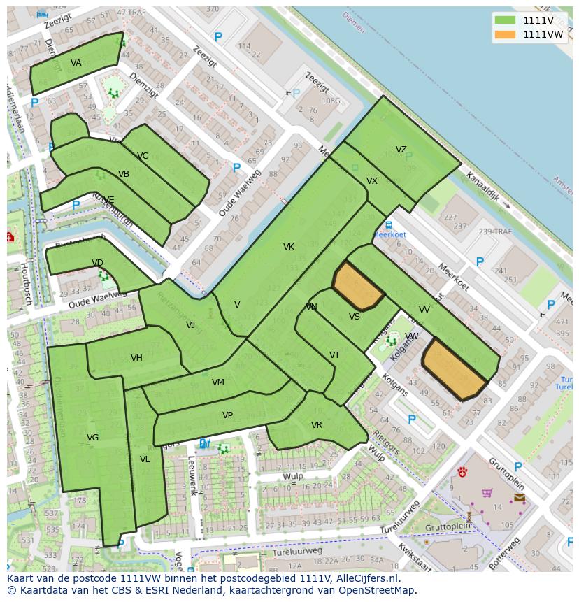 Afbeelding van het postcodegebied 1111 VW op de kaart.
