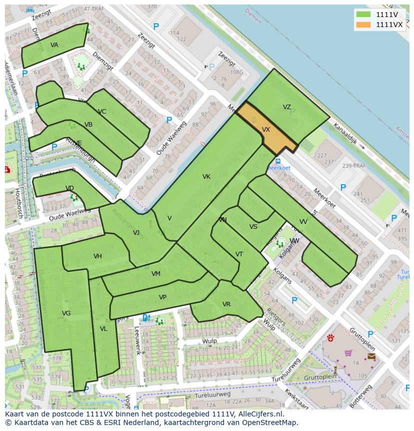 Afbeelding van het postcodegebied 1111 VX op de kaart.